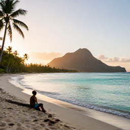 Caribbean Holidays, Martinique Solo Holidays, Solo traveller enjoying a quiet beach at sunrise in Martinique, with turquoise water, palm trees and volcanic hills in the distance
