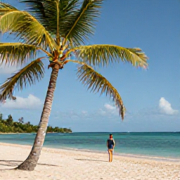 Caribbean Holidays, Martinique Solo Holidays, Solo traveller enjoying a quiet sandy beach and turquoise sea in Martinique during March, with palm trees and warm sunlight