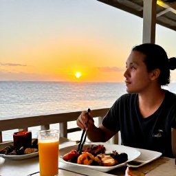 Caribbean Holidays, Martinique Solo Holidays, Solo traveller enjoying Creole seafood at an outdoor restaurant in Martinique at sunset