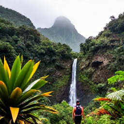 Caribbean Holidays, Martinique Solo Holidays, Solo traveller hiking through lush Martinique rainforest towards a waterfall on Mount Pel&eacute;e, with tropical plants and mountain views