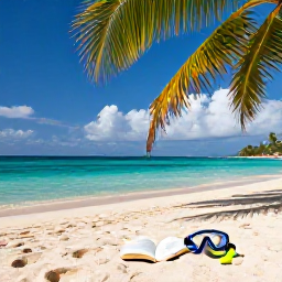 Caribbean Holidays, Martinique Solo Holidays, Solo traveller relaxing on a sandy Martinique beach with clear turquoise sea, a book, snorkelling mask and shaded palm trees