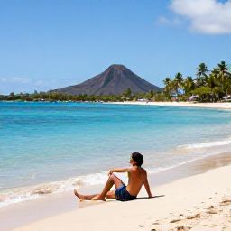 Caribbean Holidays, Martinique Solo Holidays, Solo traveller relaxing on a sunny Martinique beach in February, with turquoise water, palm trees and volcanic hills in the distance