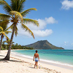 Caribbean Holidays, Martinique Solo Holidays, Solo traveller walking along a quiet palm-fringed beach in Martinique, with turquoise sea and green hills in the background