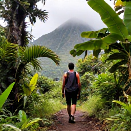 Caribbean Holidays, Martinique Solo Holidays, Solo traveller walking through a lush Martinique rainforest trail near Mount Pel&eacute;e, with tropical foliage and misty mountain scenery