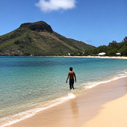 Caribbean Holidays, Martinique Solo Holidays, Solo visitor swimming at Anse Dufour beach in Martinique, clear Caribbean water, golden sand and green hills