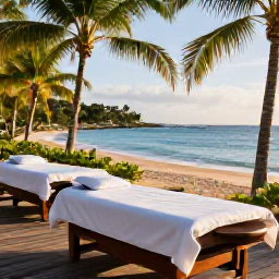 Caribbean Holidays, Martinique Spa Breaks, A calm luxury spa overlooking a tropical beach in Martinique, with treatment beds, palm trees and warm December sunlight