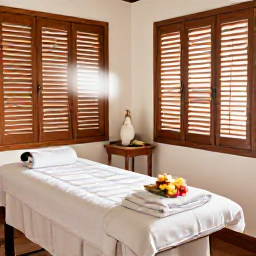 Caribbean Holidays, Martinique Spa Breaks, A calm spa treatment room in Martinique decorated with natural wood, white towels, local flowers and sunlight filtering through shutters