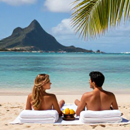 Caribbean Holidays, Martinique Spa Breaks, A couple enjoying a peaceful spa day beside a tropical beach in Martinique, with towels, fruit and calm turquoise water