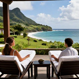 Caribbean Holidays, Martinique Spa Breaks, A couple enjoying a peaceful wellness afternoon in Martinique, with a spa terrace overlooking green hills and the Caribbean Sea
