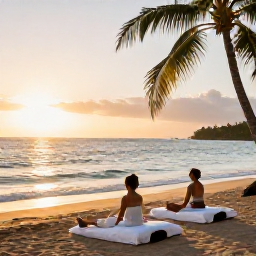 Caribbean Holidays, Martinique Spa Breaks, A couple relaxing on a quiet Martinique beach at sunset after a spa day, with gentle waves, palm trees and warm golden light