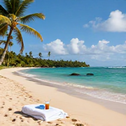 Caribbean Holidays, Martinique Spa Breaks, A July morning on a quiet Martinique beach with turquoise water, golden sand, palm trees and a small spa towel and drink nearby
