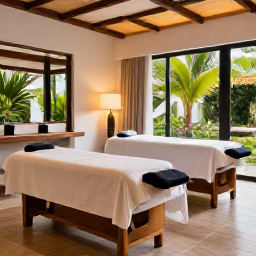 Caribbean Holidays, Martinique Spa Breaks, A modern Martinique hotel spa with massage beds, natural materials, soft lighting and views of lush tropical gardens