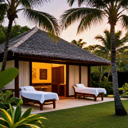 Caribbean Holidays, Martinique Spa Breaks, A peaceful luxury spa in Martinique surrounded by tropical greenery, with treatment rooms, palm trees and warm Caribbean light