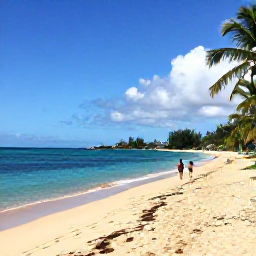 Caribbean Holidays, Martinique Spa Breaks, A peaceful Martinique beach in September with golden sand, turquoise water, palm trees and a couple walking along the shoreline
