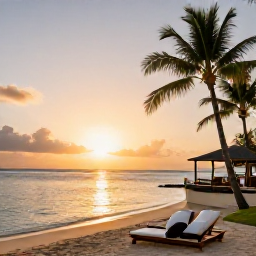 Caribbean Holidays, Martinique Spa Breaks, A peaceful Martinique sunset over a tropical beach with calm water, palm trees and a comfortable resort terrace