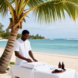 Caribbean Holidays, Martinique Spa Breaks, A peaceful outdoor spa treatment beside a palm-fringed beach in Martinique, with a therapist preparing oils and calm blue water in the background