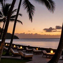 Caribbean Holidays, Martinique Spa Breaks, A peaceful sunset over a Martinique beach with a comfortable spa hotel terrace, soft lights and palm trees