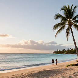 Caribbean Holidays, Martinique Spa Breaks, A quiet palm-fringed beach in Martinique at sunrise, with calm turquoise water, white sand and a couple walking along the shore