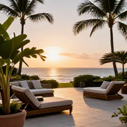 Caribbean Holidays, Martinique Spa Breaks, A stylish Martinique resort terrace at sunset with comfortable loungers, tropical plants and the Caribbean Sea in the background