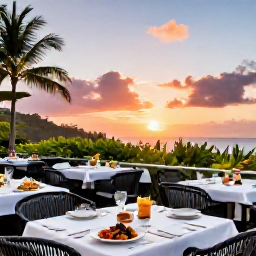 Caribbean Holidays, Martinique Spa Breaks, A stylish Martinique restaurant terrace at sunset, serving fresh seafood and colourful Caribbean dishes beside tropical foliage