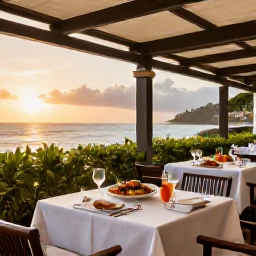 Caribbean Holidays, Martinique Spa Breaks, A stylish Martinique restaurant terrace at sunset, serving fresh seafood and tropical fruit after a relaxing spa day