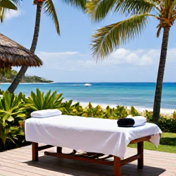 Caribbean Holidays, Martinique Spa Breaks, A tranquil beachfront spa in Martinique with treatment beds, tropical greenery and the Caribbean Sea beyond