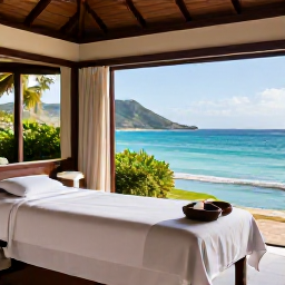 Caribbean Holidays, Martinique Spa Breaks, A tranquil luxury spa overlooking a turquoise Caribbean bay in Martinique, with treatment beds, tropical greenery and soft morning light