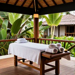 Caribbean Holidays, Martinique Spa Breaks, A tranquil spa treatment room in Martinique with natural wood, soft towels, candles and views towards tropical gardens