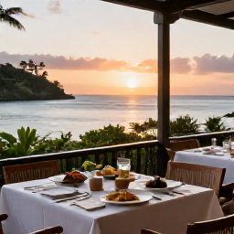 Caribbean Holidays, Martinique Spa Breaks, An elegant Martinique restaurant terrace at sunset, serving fresh Caribbean and French-inspired food beside the sea