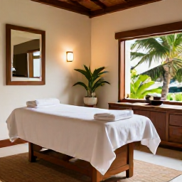 Caribbean Holidays, Martinique Spa Breaks, An elegant Martinique spa treatment room with natural wood, white towels, tropical plants and warm, calming light