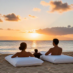 Caribbean Holidays, Martinique Spa Breaks, Couple enjoying a calm spa retreat and sunset on a Martinique beach, warm Caribbean colours