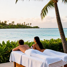 Caribbean Holidays, Martinique Spa Breaks, Couple enjoying a peaceful spa treatment overlooking a turquoise Martinique bay, with tropical foliage and soft afternoon light