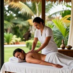 Caribbean Holidays, Martinique Spa Breaks, Couple receiving a relaxing massage in a stylish Martinique spa with tropical greenery outside