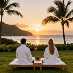 Caribbean Holidays, Martinique Spa Breaks, Couple relaxing at a peaceful Martinique resort overlooking the Caribbean at sunset, with spa robes and tropical gardens