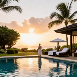 Caribbean Holidays, Martinique Spa Breaks, Couple relaxing beside a Martinique hotel pool at sunset after a spa treatment, with tropical gardens and a calm Caribbean atmosphere