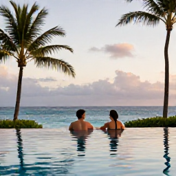 Caribbean Holidays, Martinique Spa Breaks, Couple relaxing beside a tropical infinity pool at a Martinique wellness resort, with sea views and soft evening light