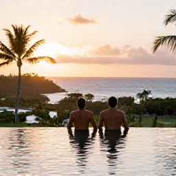 Caribbean Holidays, Martinique Spa Breaks, Couple relaxing beside an infinity pool at a Martinique spa resort at sunset, tropical landscape and Caribbean sea in the background