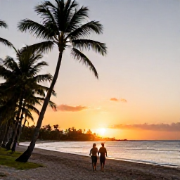 Caribbean Holidays, Martinique Spa Breaks, Couple walking along a palm-fringed beach near Sainte-Anne, Martinique, at sunset