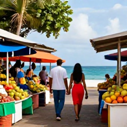 Caribbean Holidays, Martinique Spa Breaks, Couple walking through a colourful Martinique market near the coast, tropical fruit stalls and relaxed island atmosphere