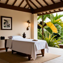 Caribbean Holidays, Martinique Spa Breaks, Elegant Caribbean spa resort in Martinique with a tranquil treatment room, tropical greenery and soft February sunlight