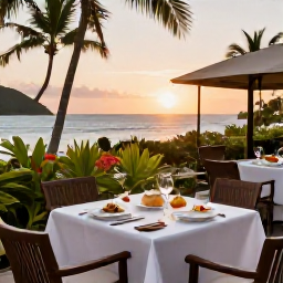 Caribbean Holidays, Martinique Spa Breaks, Elegant Martinique hotel terrace at sunset with a healthy dinner, tropical plants and views over the Caribbean Sea