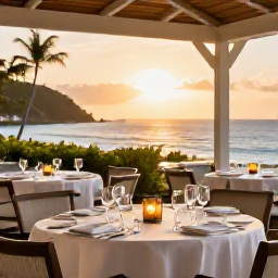 Caribbean Holidays, Martinique Spa Breaks, Elegant Martinique restaurant terrace at sunset, serving Caribbean and French-inspired food with views across the sea