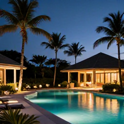 Caribbean Holidays, Martinique Spa Breaks, Elegant Martinique spa resort at dusk, palm trees, softly lit pool and peaceful Caribbean atmosphere