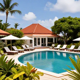Caribbean Holidays, Martinique Spa Breaks, Elegant Martinique spa resort surrounded by tropical gardens, with a calm swimming pool and comfortable sun loungers