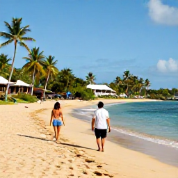 Caribbean Holidays, Martinique Spa Breaks, Golden sandy beach and turquoise sea near a Martinique spa resort, with palm trees and a couple walking along the shore