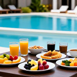 Caribbean Holidays, Martinique Spa Breaks, Healthy Martinique breakfast with tropical fruit, fresh juice and local ingredients beside a hotel pool