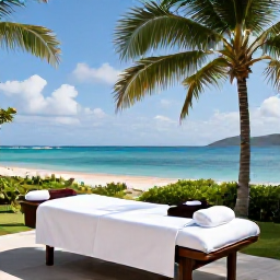 Caribbean Holidays, Martinique Spa Breaks, Open-air hotel spa overlooking a quiet Caribbean beach in Martinique, treatment beds, palms and turquoise sea