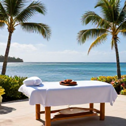 Caribbean Holidays, Martinique Spa Breaks, Open-air spa terrace overlooking the Caribbean Sea in Martinique, massage bed, palm trees and calm turquoise water