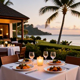 Caribbean Holidays, Martinique Spa Breaks, Outdoor table at a Martinique restaurant serving Creole and French food, with tropical scenery and warm evening light