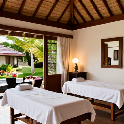 Caribbean Holidays, Martinique Spa Breaks, Peaceful luxury spa treatment room at a Martinique resort, warm natural light, tropical greenery and tasteful Caribbean decor